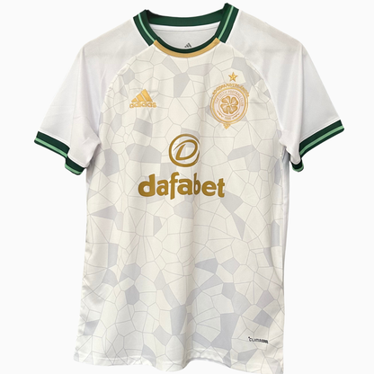 ELVN Celtic third kit 2026/27 football jersey featuring green and white design with team logo and sponsor details.