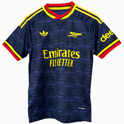 ELVN Arsenal away kit 2026/27 jersey with team logo, blue and white design, and matching shorts displayed on a hanger.