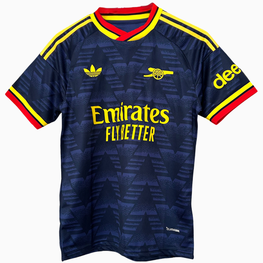 ELVN Arsenal away kit 2026/27 jersey with team logo, blue and white design, and matching shorts displayed on a hanger.