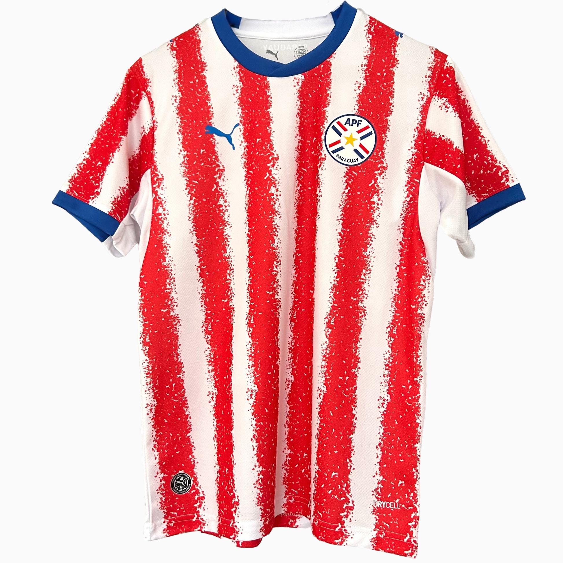 Elvn Paraguay home kit 2026 soccer jersey with red and white design, featuring team crest and matching shorts.