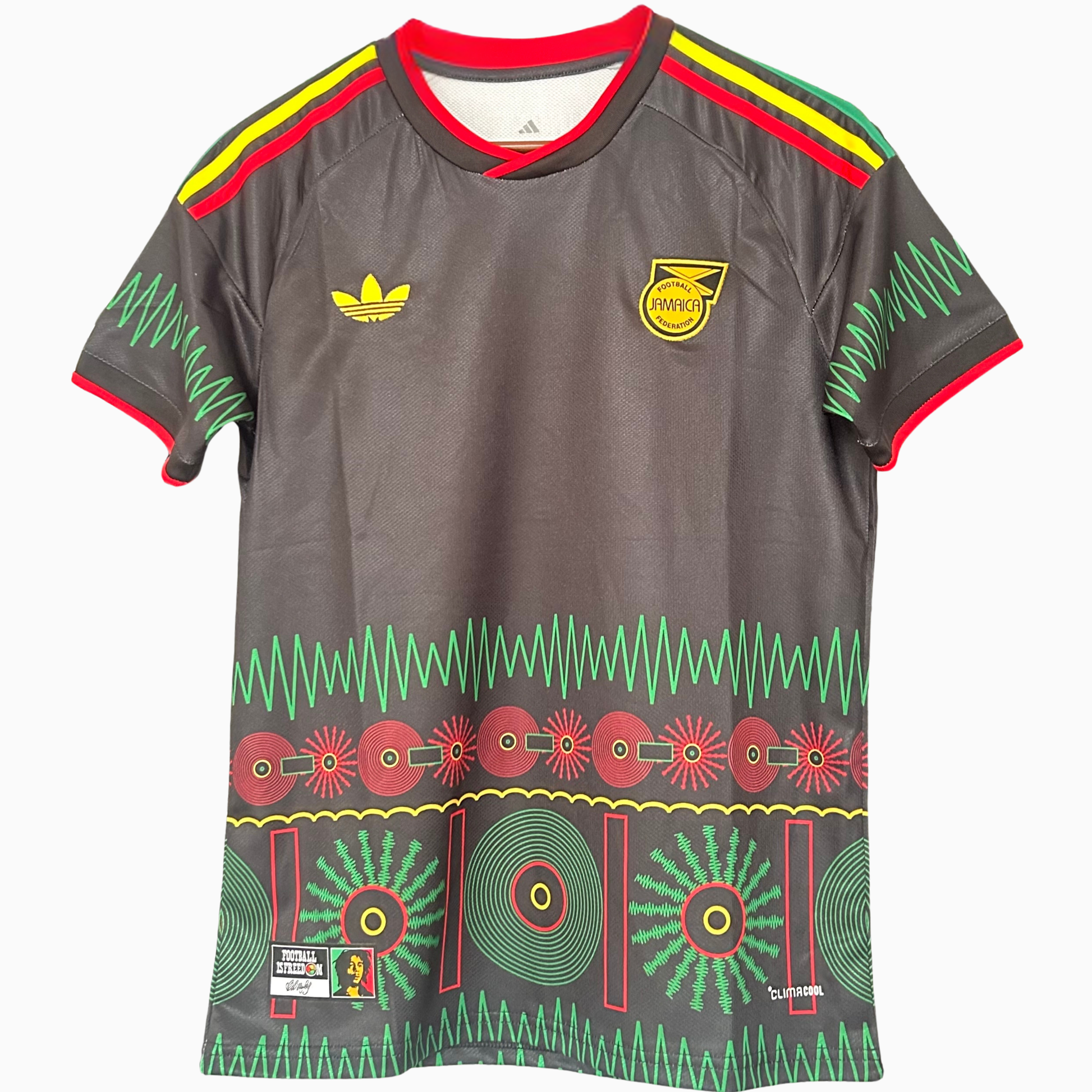 JAMAICA AWAY KIT 2026 football jersey by ELVN with navy and green design, featuring team logo and player details.