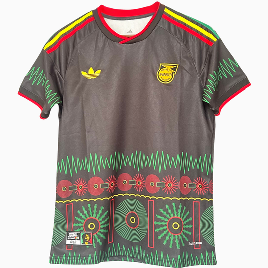 JAMAICA AWAY KIT 2026 football jersey by ELVN with navy and green design, featuring team logo and player details.