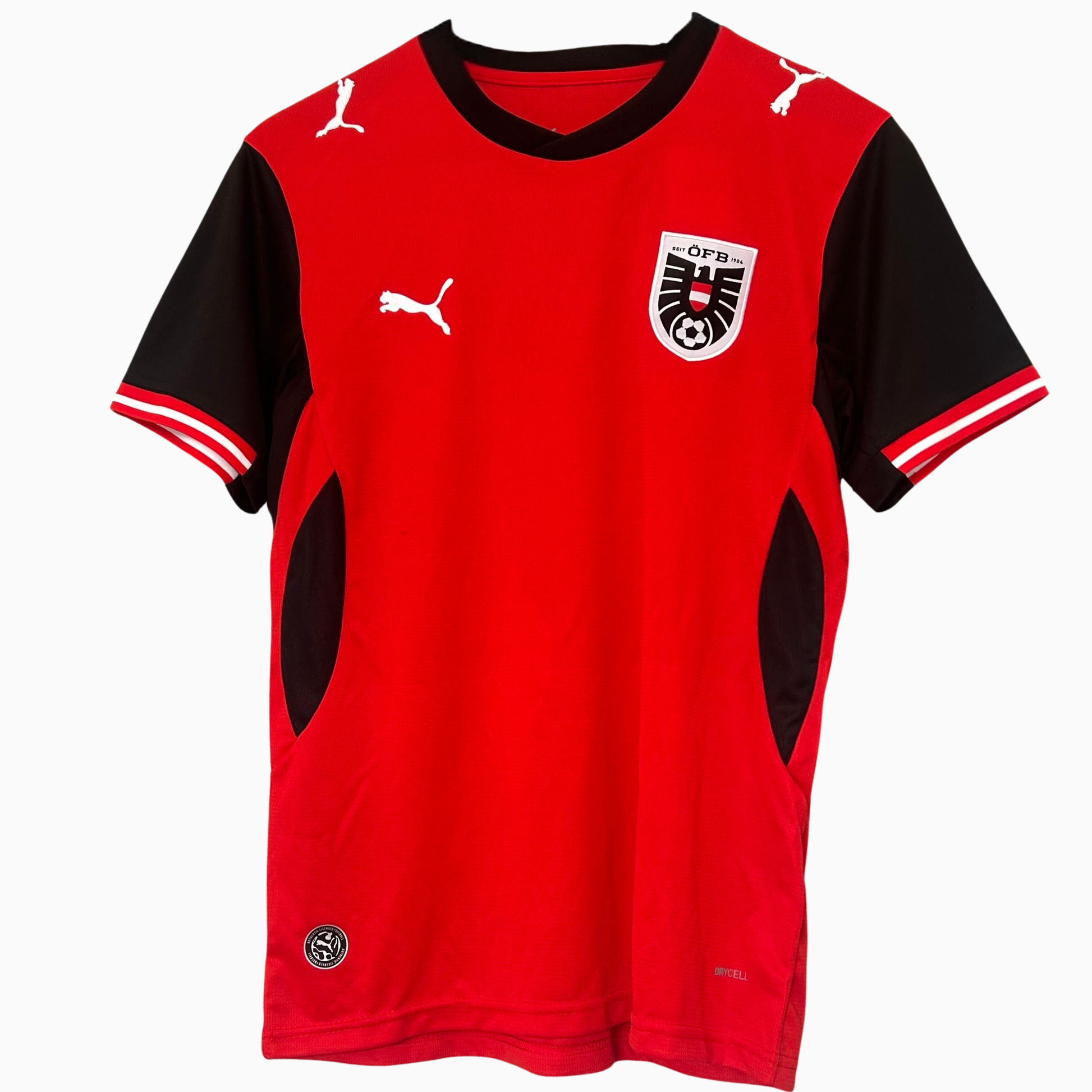 Austria home football kit 2026 by ELVN, featuring team jersey with red and white design and team logo.