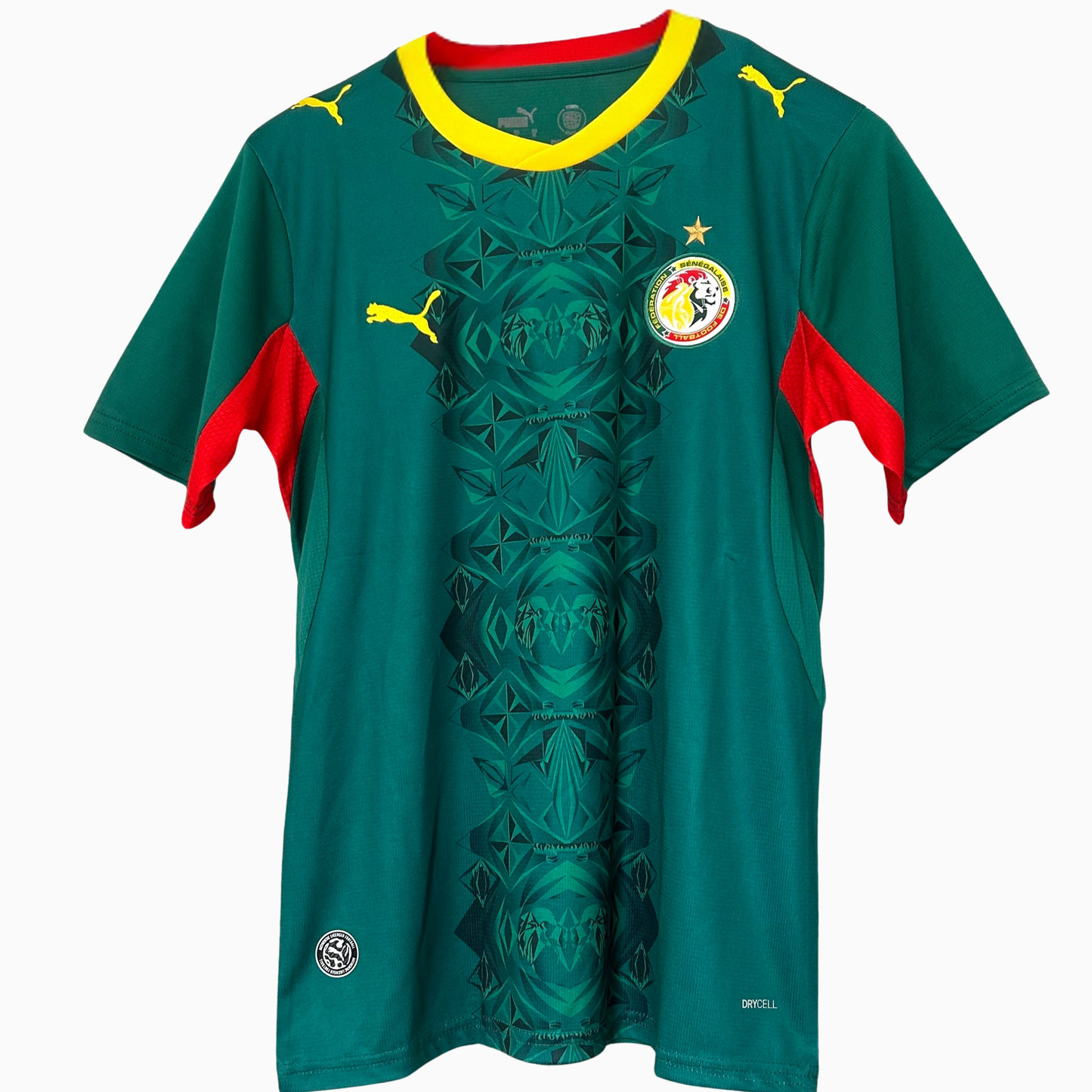 Senegal Away Kit 2026 by ELVN featuring team jersey with green, yellow, and red accents, displayed on a plain background.