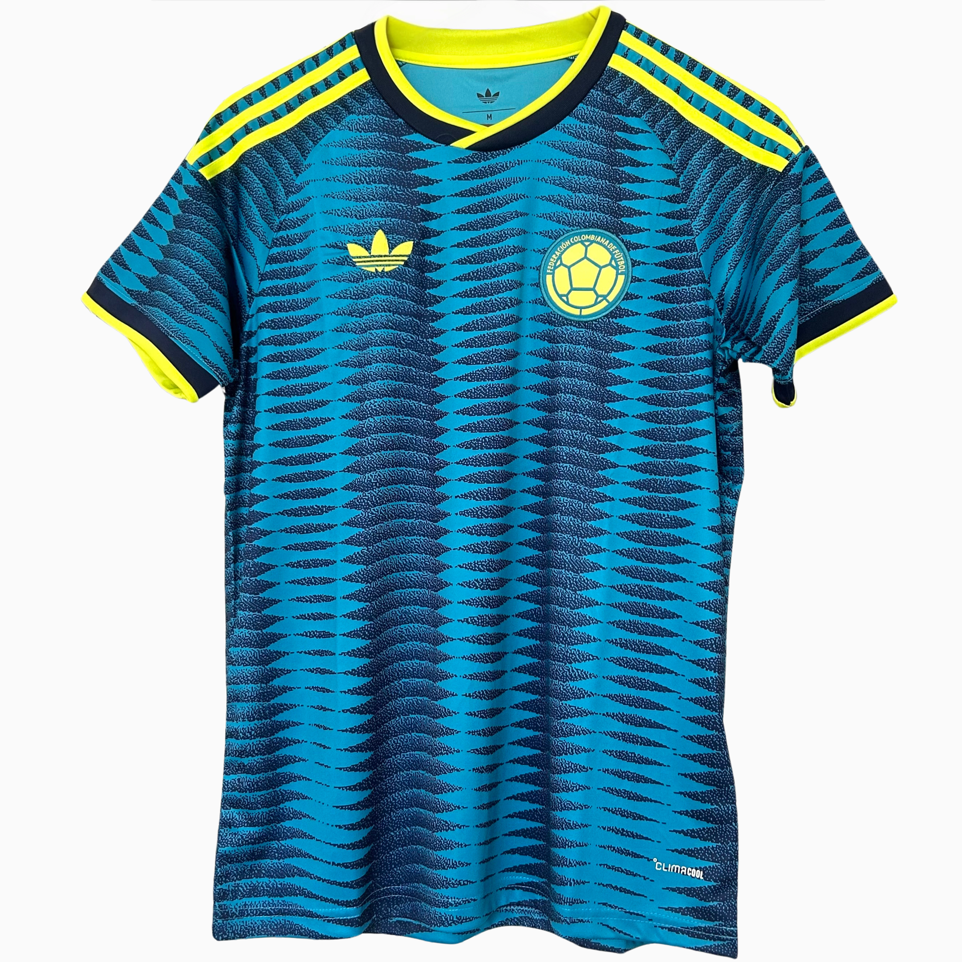 ELVN Colombia Away Kit 2026 jersey with team logo, featuring blue and white design, displayed on a flat surface.