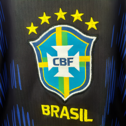 Brazil away soccer kit 2026 by ELVN featuring blue jersey with yellow accents and team logo, displayed on mannequin.