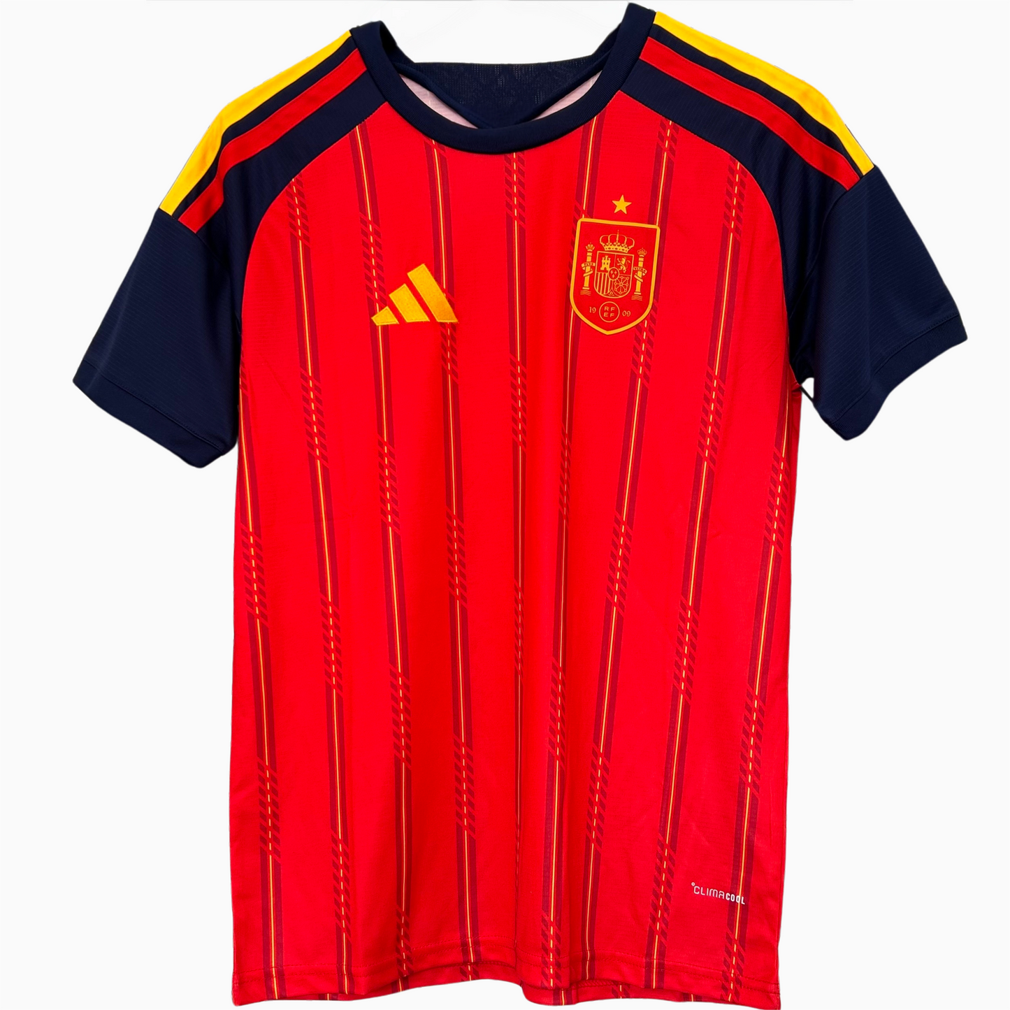 Spain home kit 2026 soccer jersey by ELVN, featuring team crest and classic red and yellow design on a plain background.