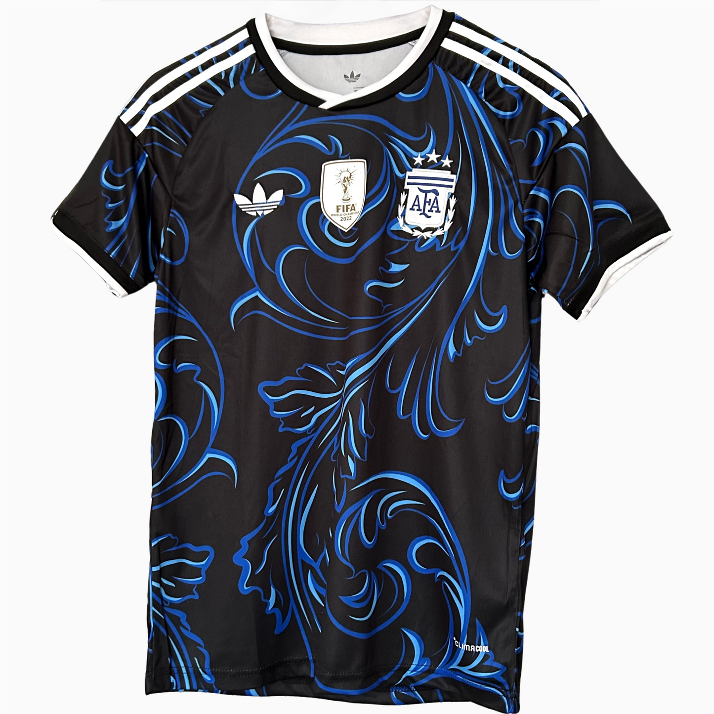 Argentina away football kit 2026 by ELVN, featuring blue jersey with white and light blue accents, displayed on a mannequin.