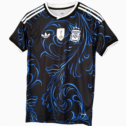 Argentina away football kit 2026 by ELVN, featuring blue jersey with white and light blue accents, displayed on a mannequin.