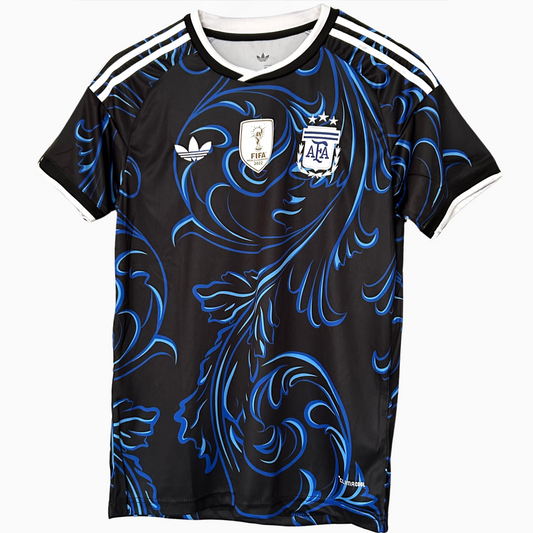 Argentina away football kit 2026 by ELVN, featuring blue jersey with white and light blue accents, displayed on a mannequin.