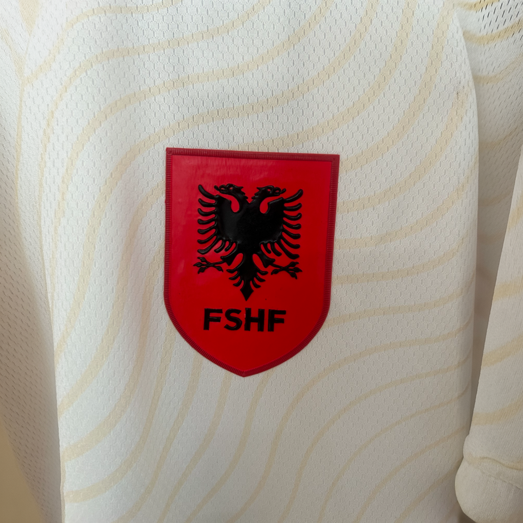 ELVN Albania Away Kit 2026 soccer jersey featuring team logo and blue design, laid flat on a white background.