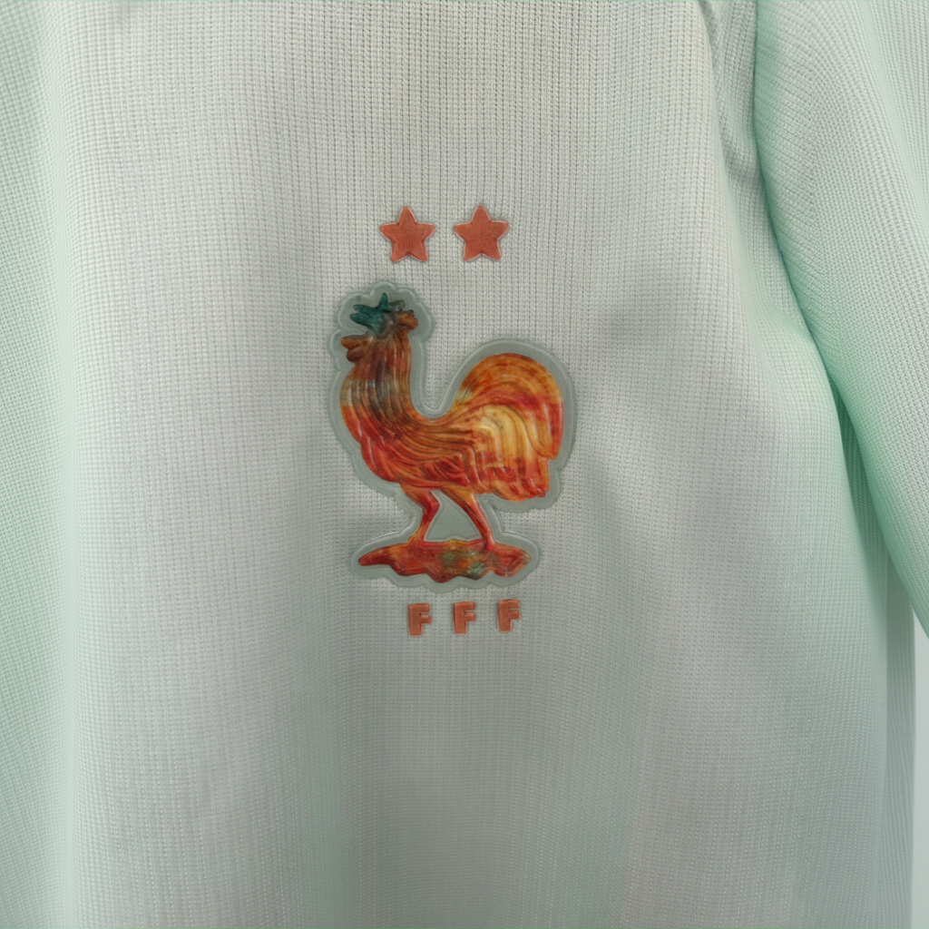 France Away Kit 2026 by ELVN, featuring the team’s blue jersey with red and white accents, displayed on a hanger.