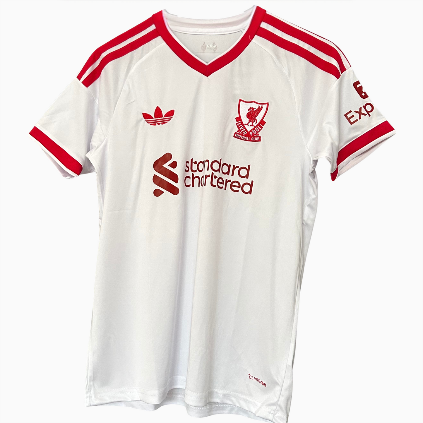 Liverpool away kit 2026/27 by ELVN featuring blue jersey with team crest and matching shorts, displayed on a mannequin.