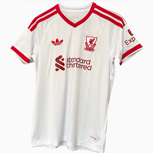 Liverpool away kit 2026/27 by ELVN featuring blue jersey with team crest and matching shorts, displayed on a mannequin.