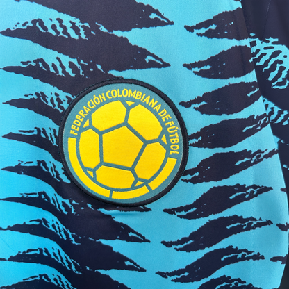 ELVN Colombia Away Kit 2026 soccer jersey featuring team logo, blue and white design, and athletic fit on a mannequin.