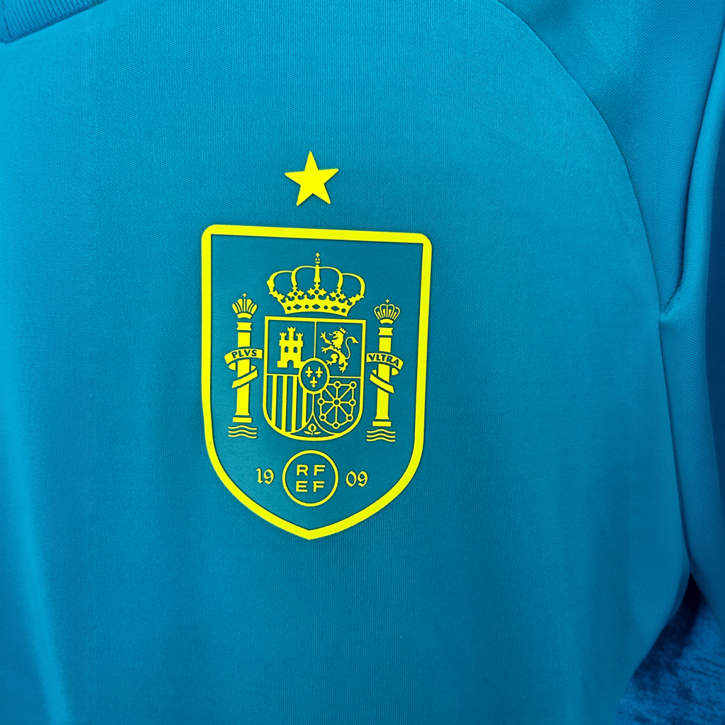 Spain goalkeeper kit 2026 by ELVN, featuring the team jersey, shorts, and matching goalkeeper gear on a mannequin.