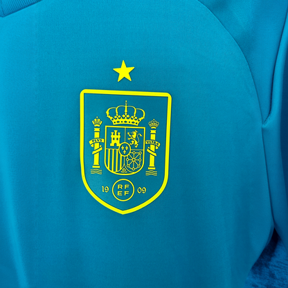 Spain goalkeeper kit 2026 by ELVN, featuring the team jersey, shorts, and matching goalkeeper gear on a mannequin.
