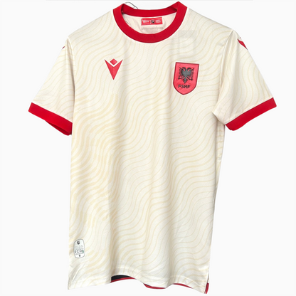 ELVN Albania away kit 2026 soccer jersey featuring team logo, blue and white design, and athletic fit for fans and players