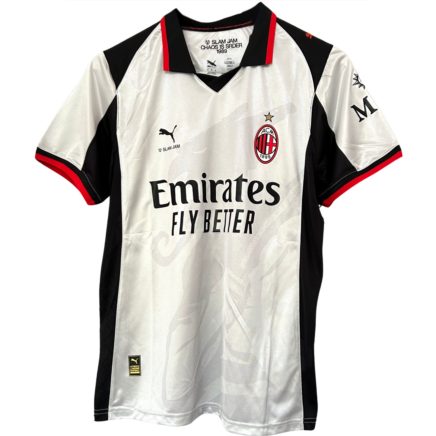 ELVN AC Milan x Slam Jam kit featuring a stylish sports jersey with team and brand logos on a mannequin.