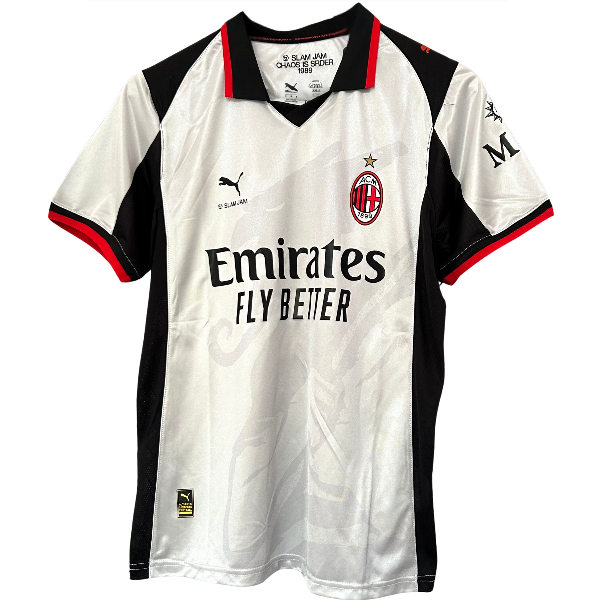 ELVN AC Milan x Slam Jam kit featuring a stylish sports jersey with team and brand logos on a mannequin.