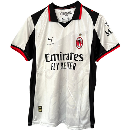 ELVN AC Milan x Slam Jam kit featuring a stylish sports jersey with team and brand logos on a mannequin.