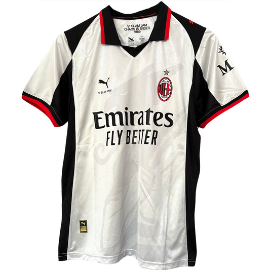 ELVN AC Milan x Slam Jam kit featuring a stylish sports jersey with team and brand logos on a mannequin.