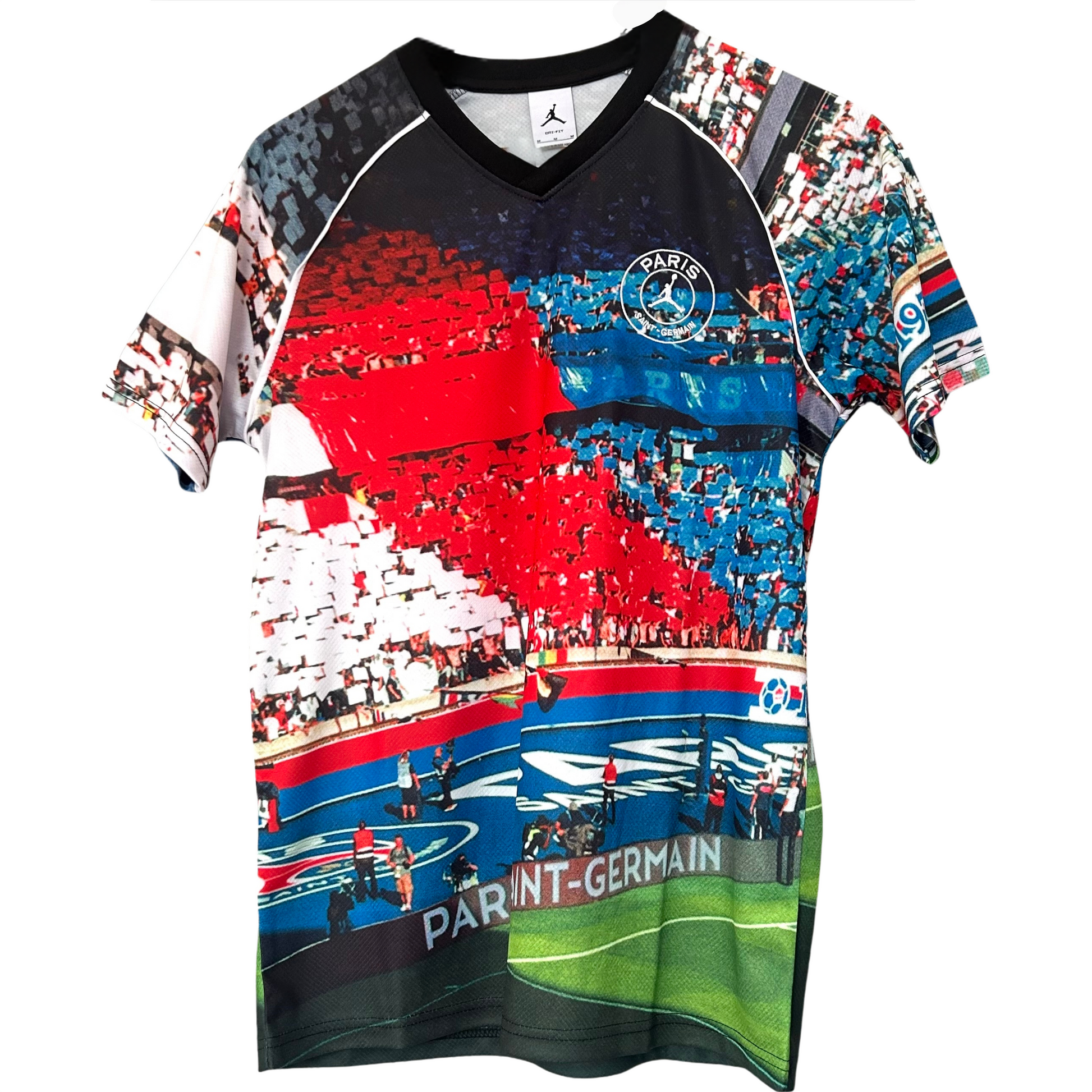 ELVN PSG x Jordan graphic kit featuring team logo and bold design, displayed on a sports jersey.