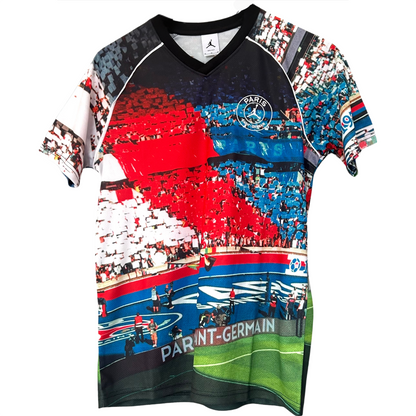 ELVN PSG x Jordan graphic kit featuring team logo and bold design, displayed on a sports jersey.