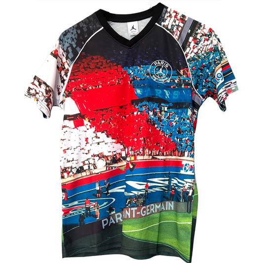 ELVN PSG x Jordan graphic kit featuring team logo and bold design, displayed on a sports jersey.