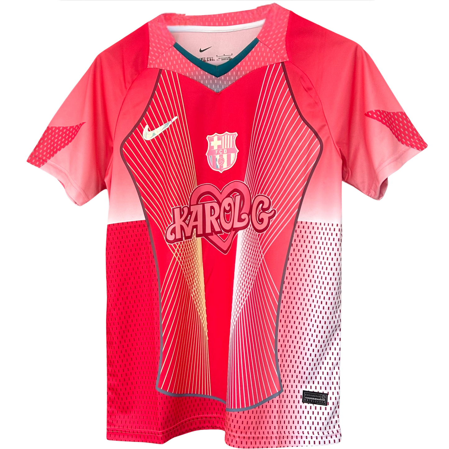 FC Barcelona x Karol G kit by ELVN featuring vibrant team and artist graphics on a stylish sportswear ensemble.
