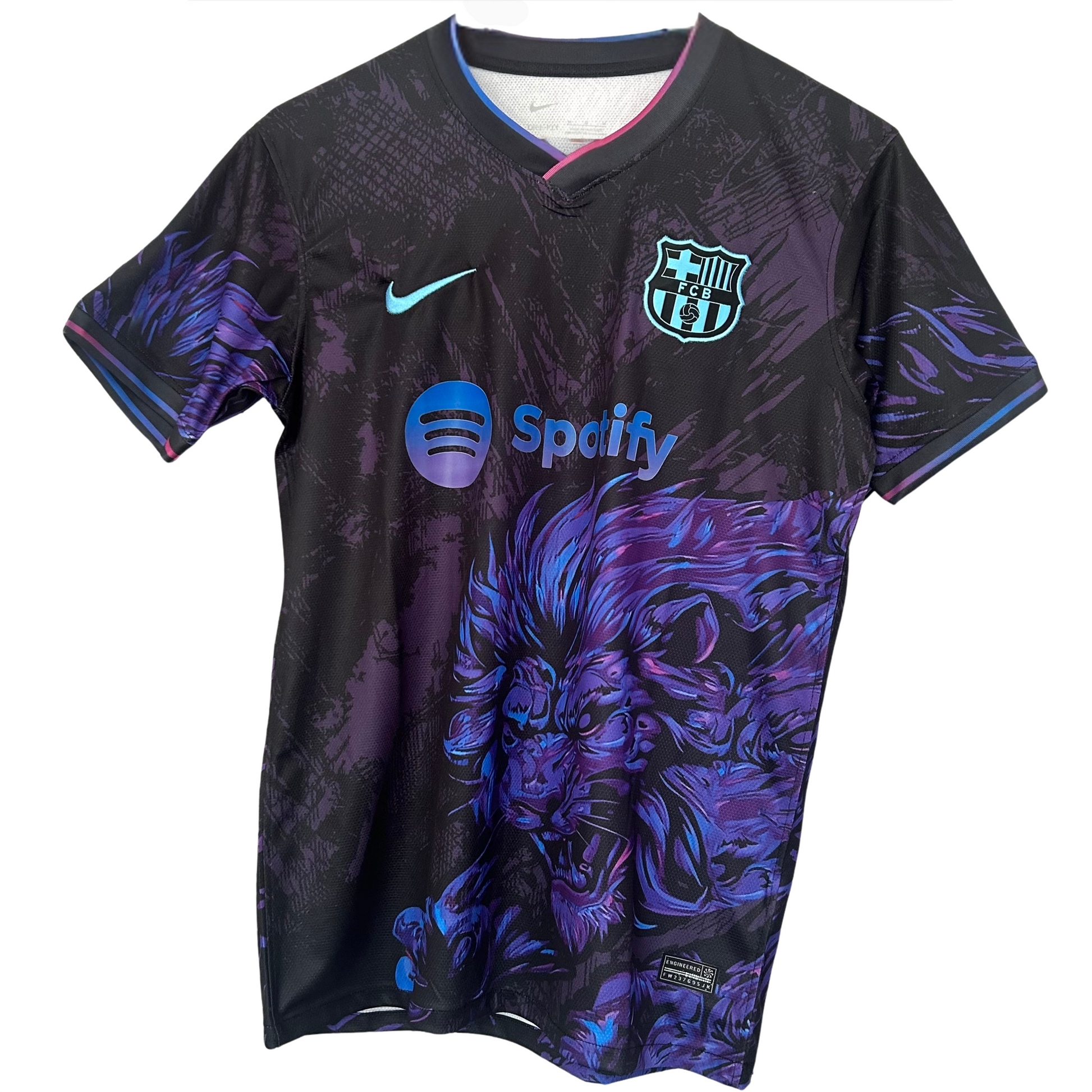 FC Barcelona purple Lion kit by ELVN featuring the team's jersey with lion emblem and purple accents, front view.