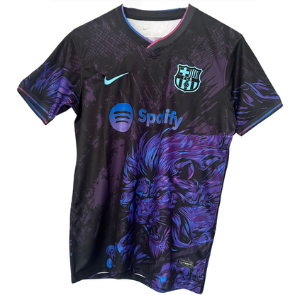 FC Barcelona purple Lion kit by ELVN featuring the team's jersey with lion emblem and purple accents, front view.