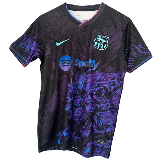 FC Barcelona purple Lion kit by ELVN featuring the team's jersey with lion emblem and purple accents, front view.