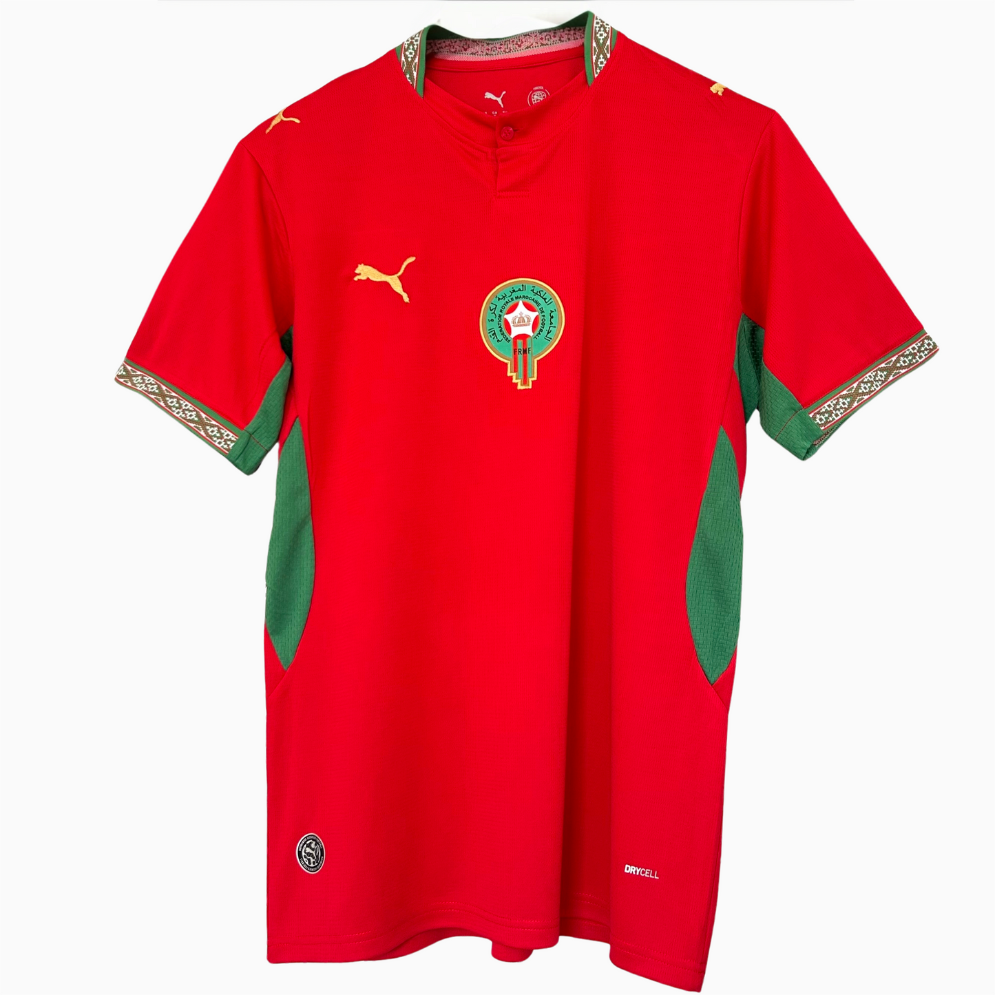 ELVN Morocco Home Kit 2026 soccer jersey in green and red with team logo, displayed flat on a white background.