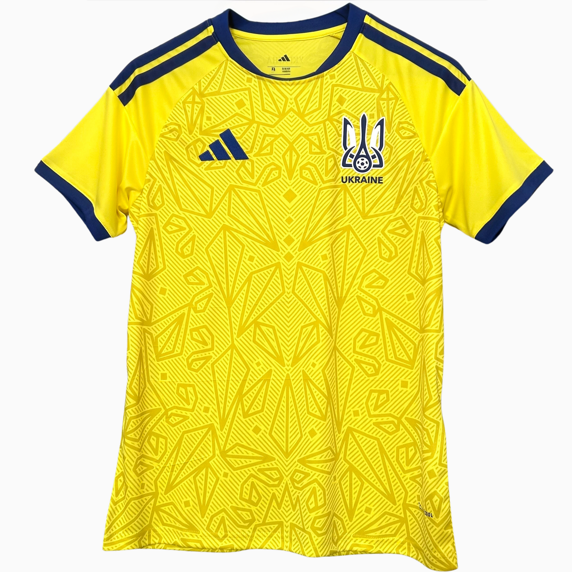 Ukraine home kit 2026 football jersey by ELVN, featuring the national team design and colors, displayed on a mannequin.
