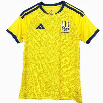 Ukraine home kit 2026 football jersey by ELVN, featuring the national team design and colors, displayed on a mannequin.