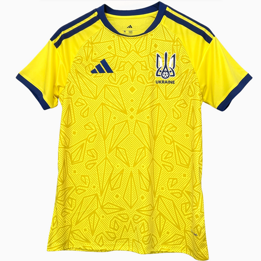 Ukraine home kit 2026 football jersey by ELVN, featuring the national team design and colors, displayed on a mannequin.