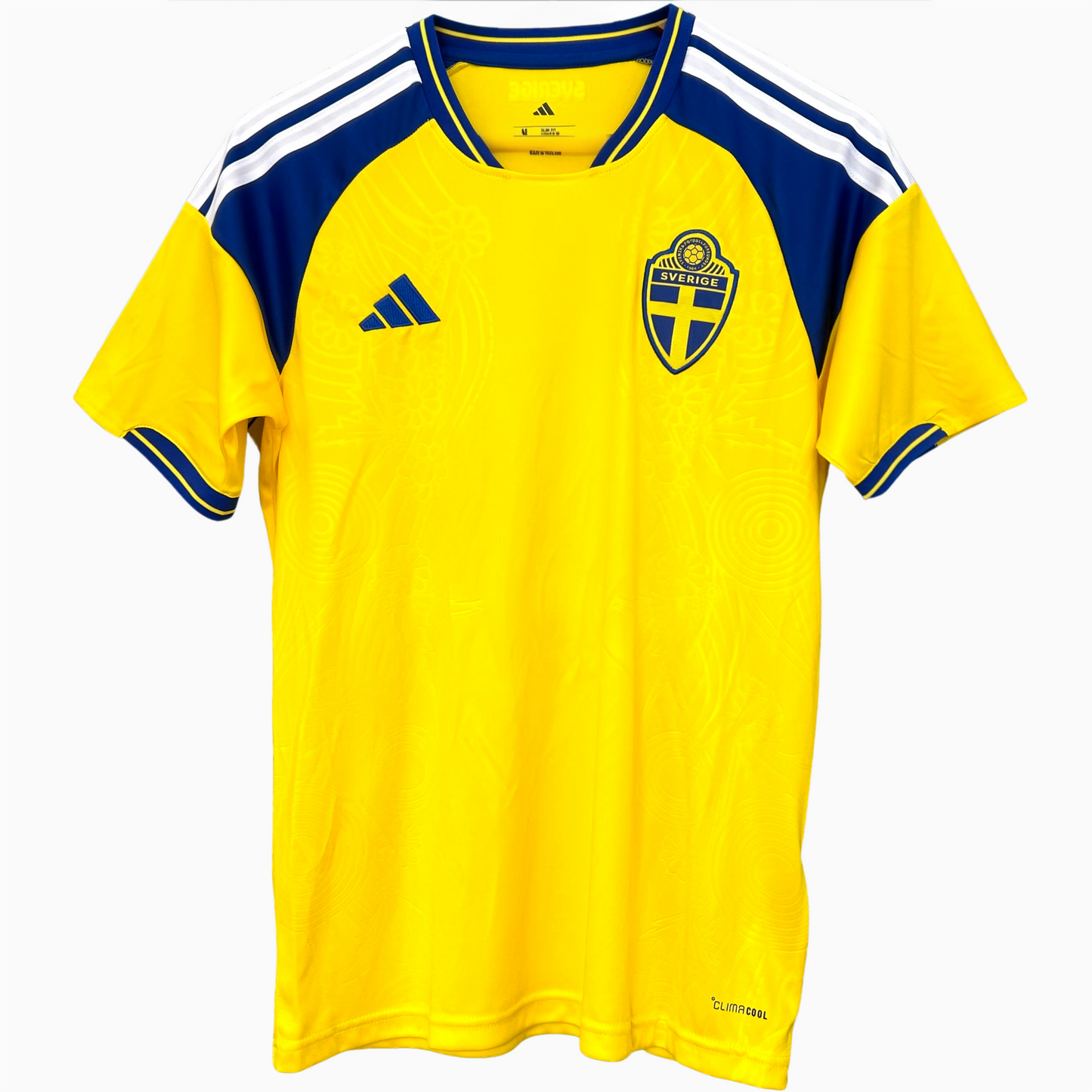 Sweden home soccer kit 2026 by ELVN, featuring the national team jersey with blue and yellow design, displayed on a mannequin.