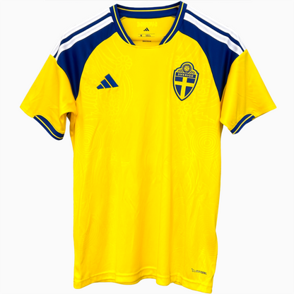 Sweden home soccer kit 2026 by ELVN, featuring the national team jersey with blue and yellow design, displayed on a mannequin.