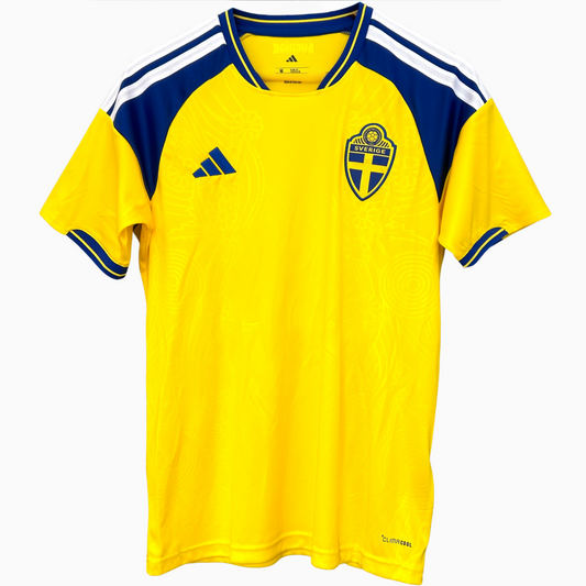 Sweden home soccer kit 2026 by ELVN, featuring the national team jersey with blue and yellow design, displayed on a mannequin.