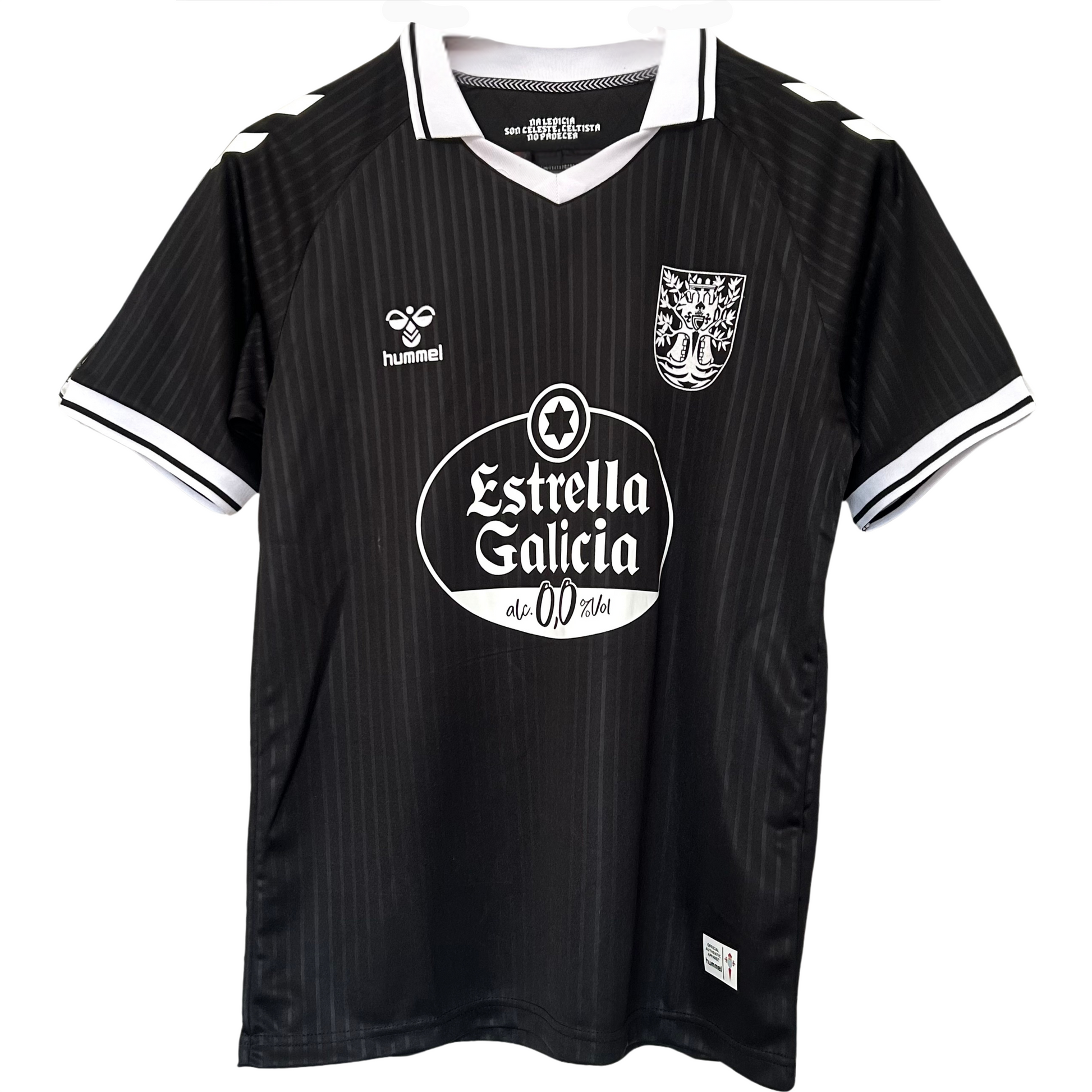 Elvn Celta de Vigo 100th Anniversary kit in black, featuring team jersey with logo and matching shorts, displayed on a plain background.