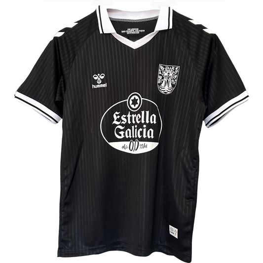 Elvn Celta de Vigo 100th Anniversary kit in black, featuring team jersey with logo and matching shorts, displayed on a plain background.