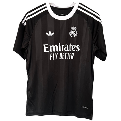Real Madrid third goalkeeper kit 2025/26 by ELVN, featuring team logo and goalkeeper jersey design in white and purple.