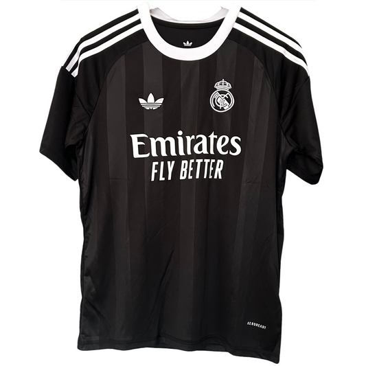 Real Madrid third goalkeeper kit 2025/26 by ELVN, featuring team logo and goalkeeper jersey design in white and purple.